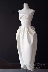 Sexy A Line Strapless Satin White Tea Length Wedding Dresses Brides Dress